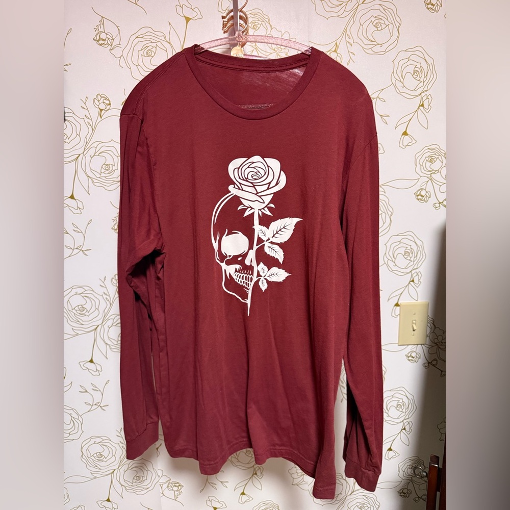 Red Long Sleeve Shirt with Skull and Rose Design
